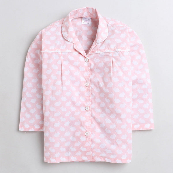 Polka Tots Full sleeve rabbit  print night suit - Pink