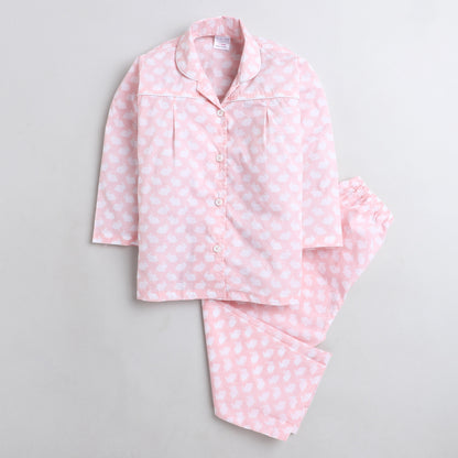 Polka Tots Full sleeve rabbit  print night suit - Pink