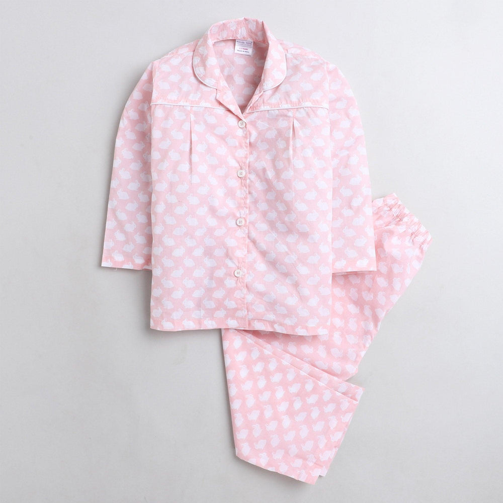 Polka Tots Full sleeve rabbit  print night suit - Pink