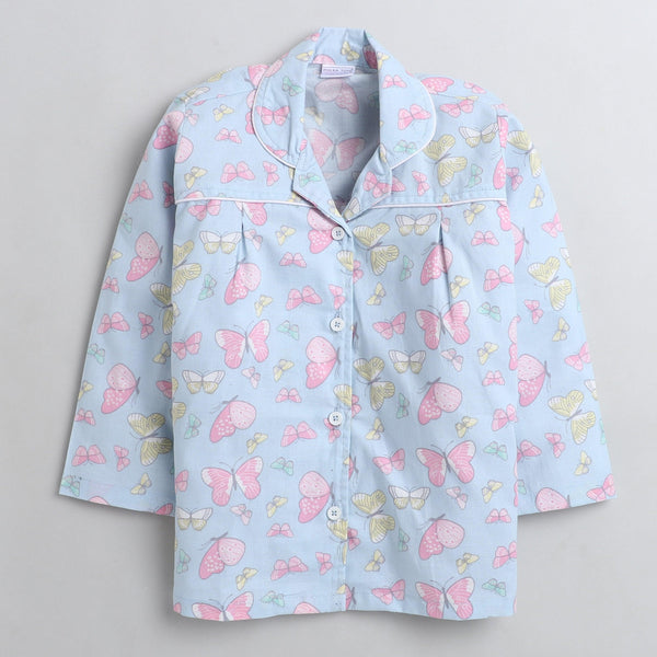 Polka Tots Full sleeve butterfly print night suit - blue