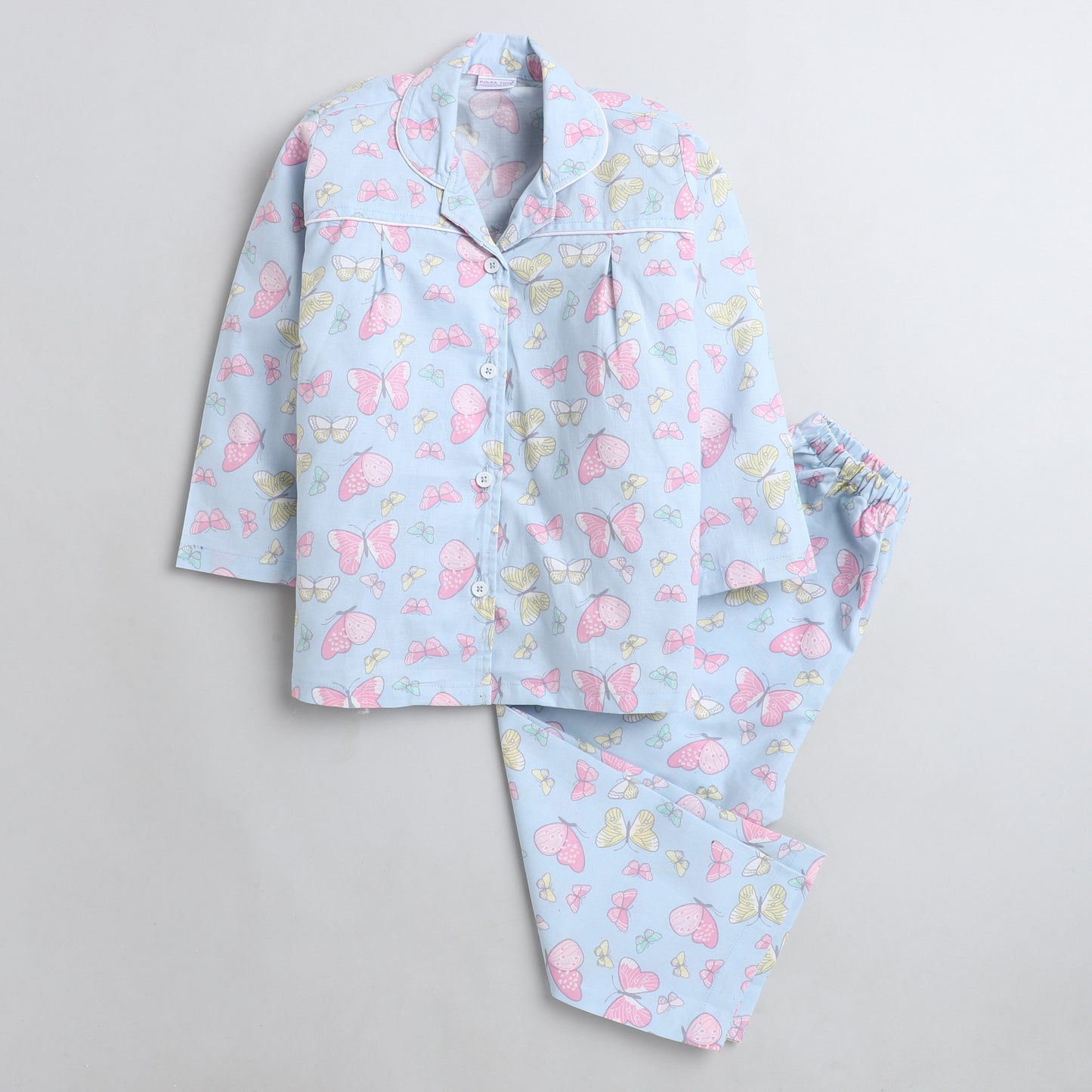 Polka Tots Full sleeve butterfly print night suit - blue
