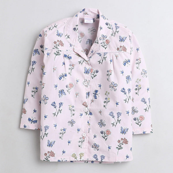 Polka Tots Full sleeve butterfly print night suit - Pink