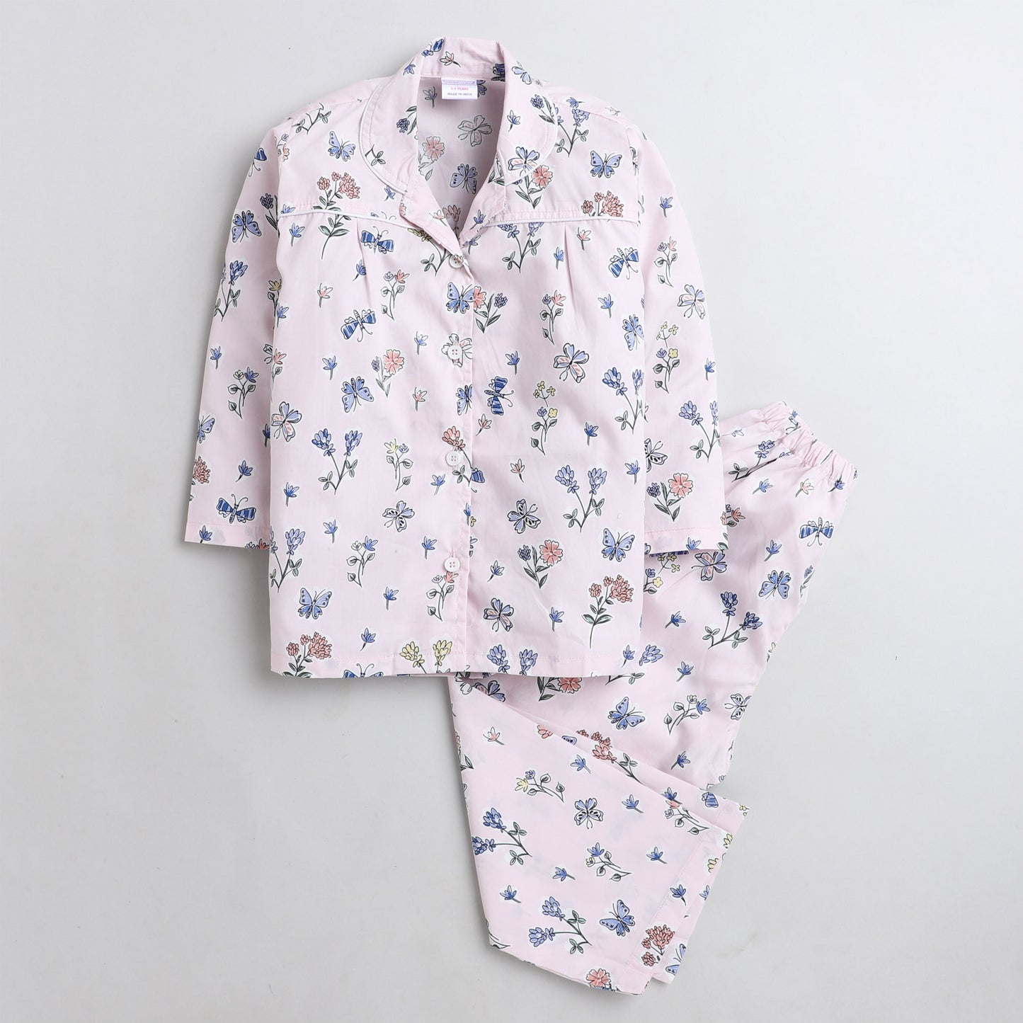 Polka Tots Full sleeve butterfly print night suit - Pink