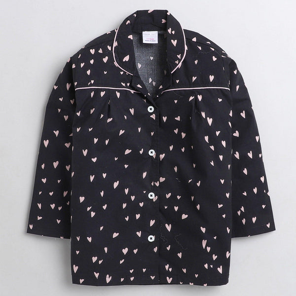 Polka Tots Full sleeve heart  print night suit - black