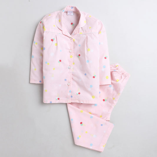 Polka Tots Full sleeve polka dots print night suit - Pink