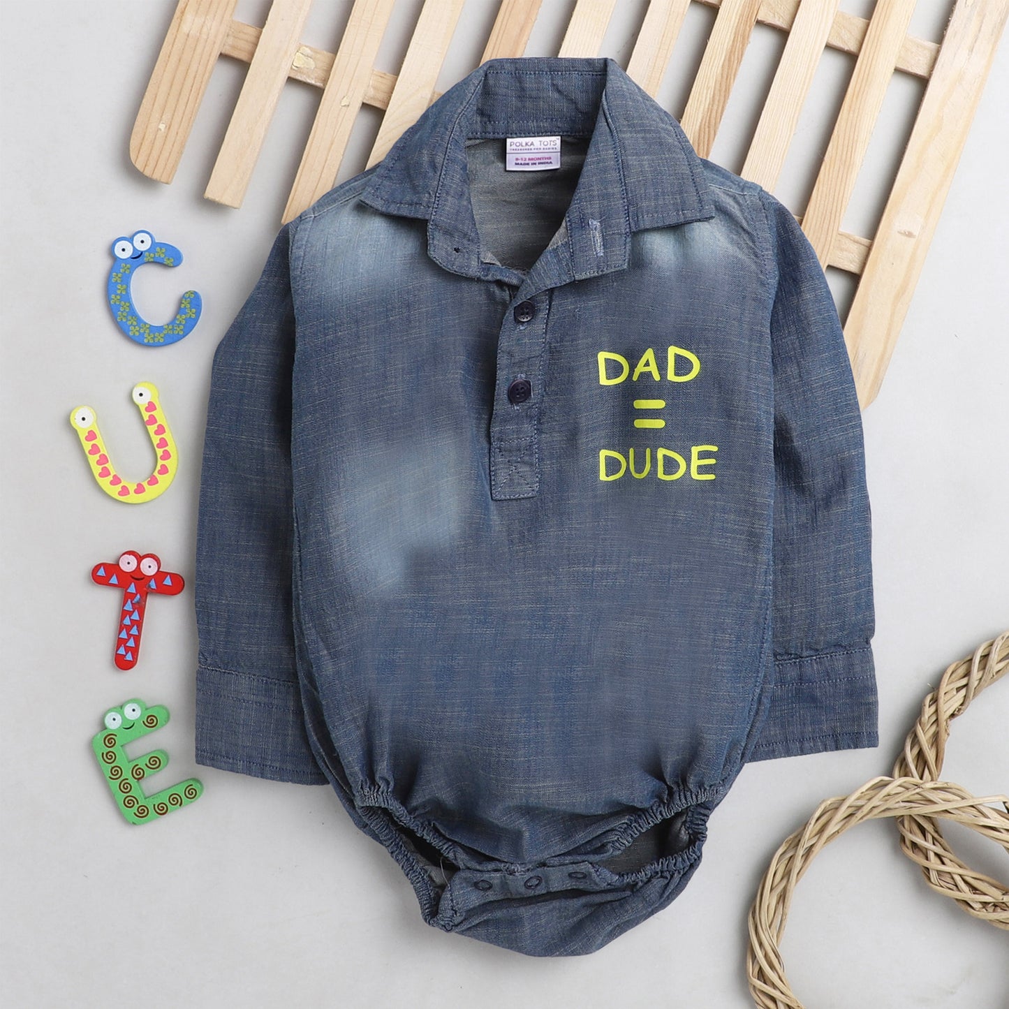 Polka Tots Full Sleeve Denim Onesie with dad = dude print  - Blue