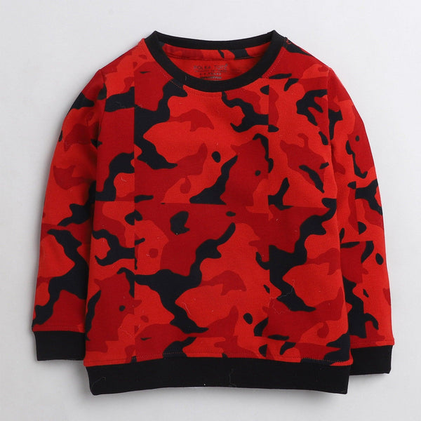 Polka Tots Red camouflage Full sleeve tshirt with lounge pant set - Red
