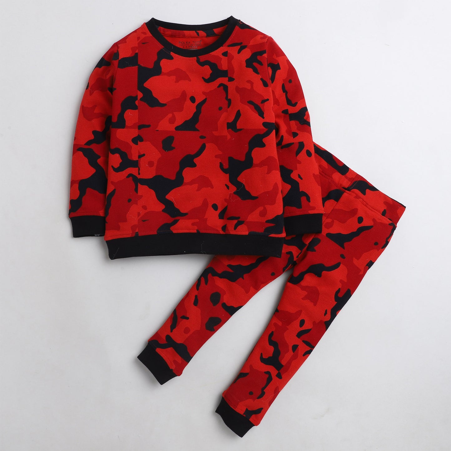 Polka Tots Red camouflage Full sleeve tshirt with lounge pant set - Red