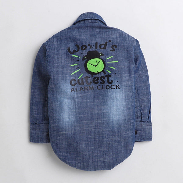 Polka Tots Full Sleeve Denim Onesie with alarm clock print  - Blue