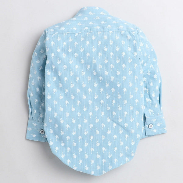 Polka Tots Full Sleeve coconut tree print Onesie with bow tie  - Sky blue