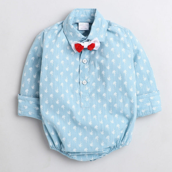 Polka Tots Full Sleeve coconut tree print Onesie with bow tie  - Sky blue