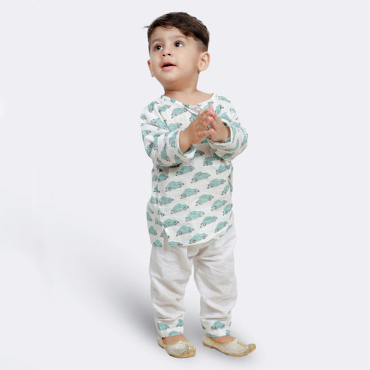 Polka Tots Kurta Pajama for Kids 100% Super Soft Cotton Night Suits for Boys & Girls Green Car Print - White