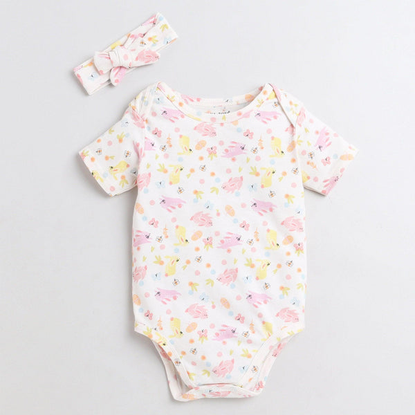 Polka Tots Half Sleeve Romper Onesie 100% Super Soft Cotton With Head band and Funny Animals - White