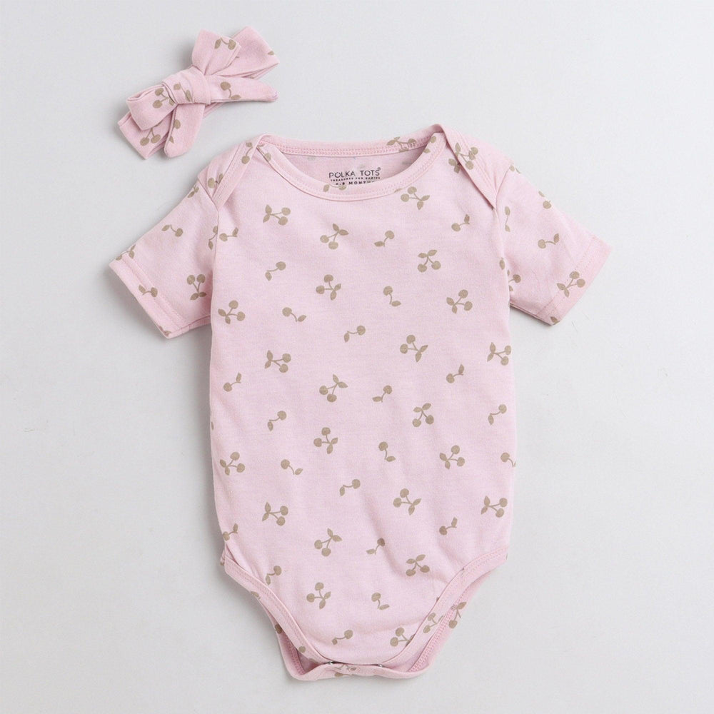 Polka Tots Half Sleeve Romper Onesie 100%  Super Soft With Head Band Cotton Brown Cherry - Pink