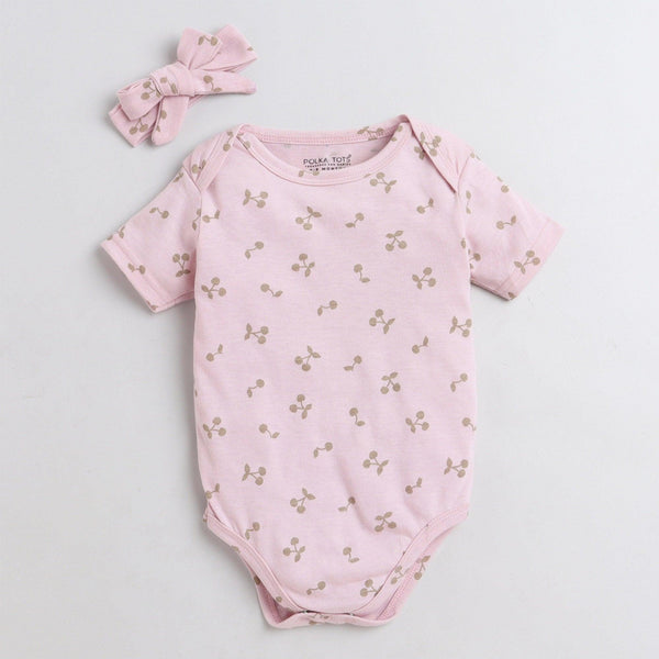 Polka Tots Half Sleeve Romper Onesie 100%  Super Soft With Head Band Cotton Brown Cherry - Pink