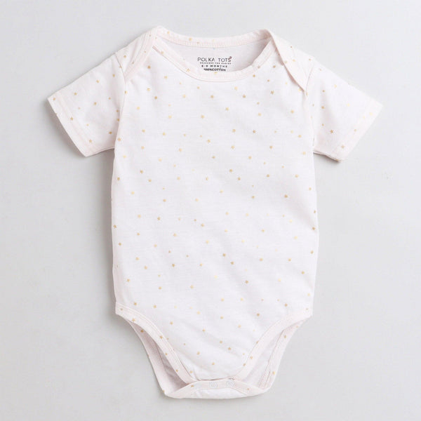 Polka Tots Half Sleeve Romper Onesie Super Soft Cotton With Head Band Glitter Star - White