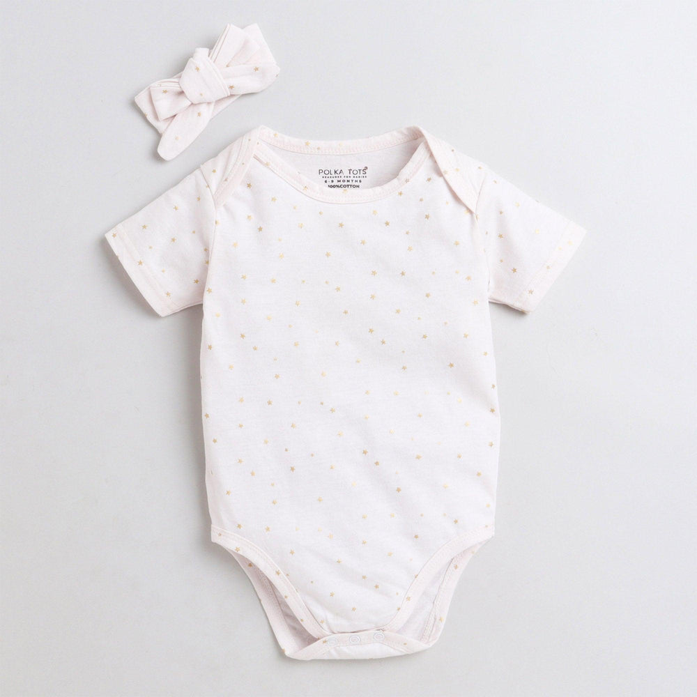Polka Tots Half Sleeve Romper Onesie Super Soft Cotton With Head Band Glitter Star - White