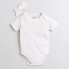 Polka Tots Half Sleeve Romper Onesie Super Soft Cotton With Head Band Glitter Star - White