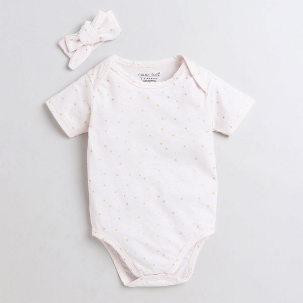 Polka Tots Half Sleeve Romper Onesie Super Soft Cotton With Head Band Glitter Star - White
