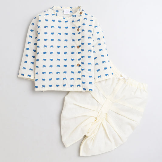 Polka Tots Dhoti Kurta Set for Boys 100% Super Soft Cotton Traditional Ethnic Wear For Kids Blue Elephant - Cream