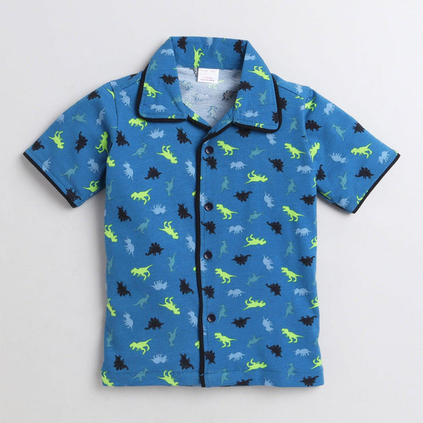 Polka Tots Half Sleeve Night Suit Cotton Pair Dinosaur - Blue