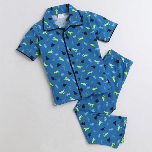 Polka Tots Half Sleeve Night Suit Cotton Pair Dinosaur - Blue