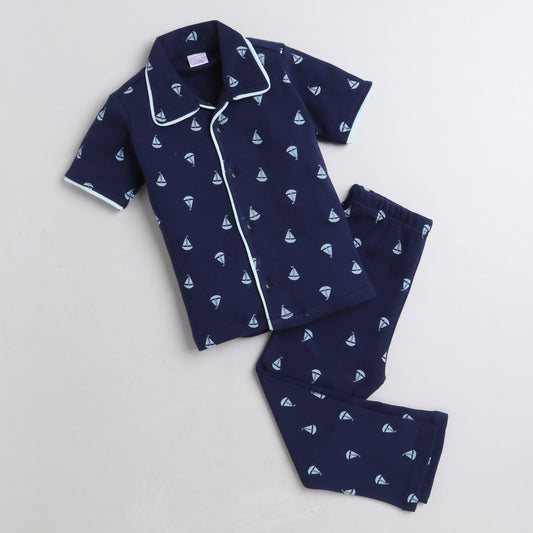 Polka Tots Half Sleeve Night Suit Cotton Pair Knit Boat - Navy Blue