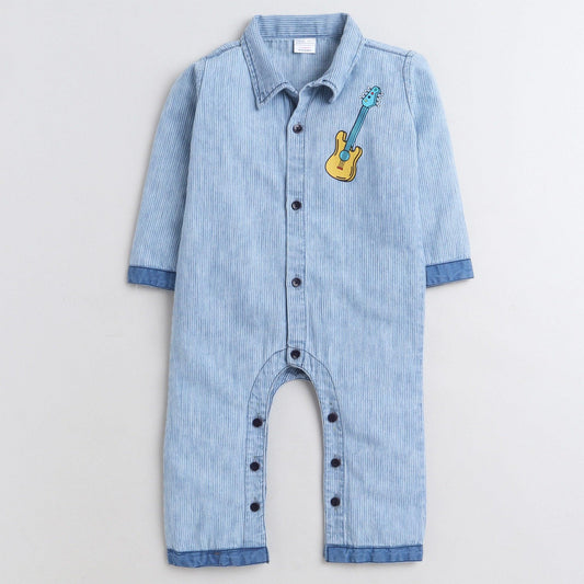 Polka Tots Full Sleeve Denim guitar embroidery Full Romper - Blue