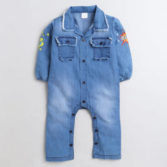 Polka Tots Full Sleeve Denim sleeve printed Full Romper - Blue