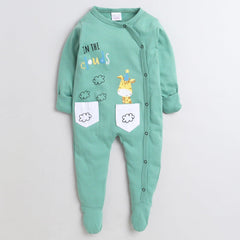 Polka Tots Footed Onesie With Mittens 100% Cotton 2 Pockets With Giraffe Cloud - Green