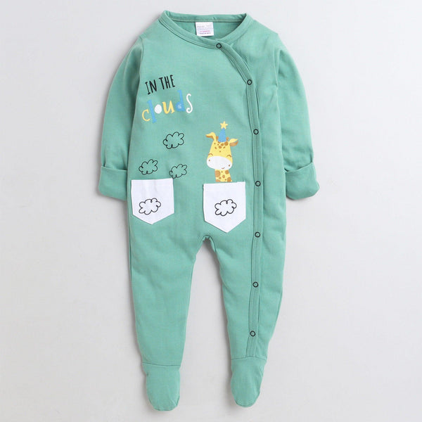 Polka Tots Footed Onesie With Mittens 100% Cotton 2 Pockets With Giraffe Cloud - Green