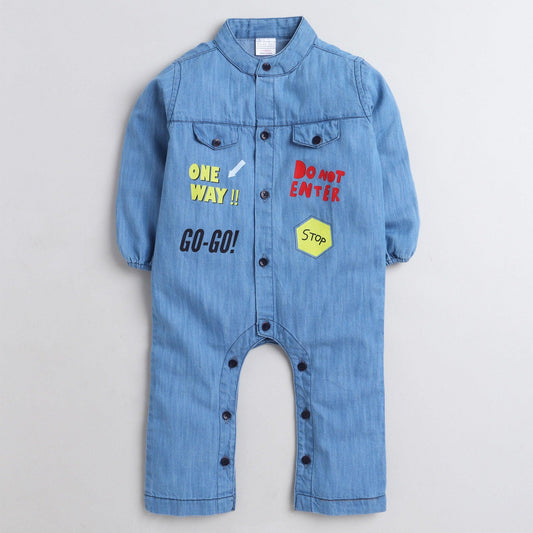 Polka Tots Full Sleeve Denim 2 flap pocket front printed  Full Romper - Blue