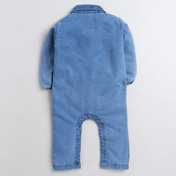 Polka Tots Full Sleeve Denim patch distress Full Romper - Blue