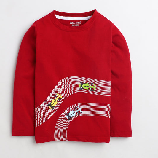 Polka Tots Full Sleeves Racing Car Print Tshirt - Red