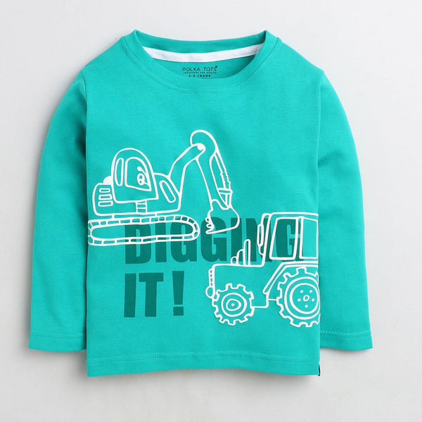 Polka Tots Full Sleeve Digging it print Tshirt - Green