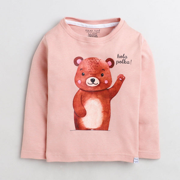 Polka Tots Full Sleeve T-Shirt Bear - Pink