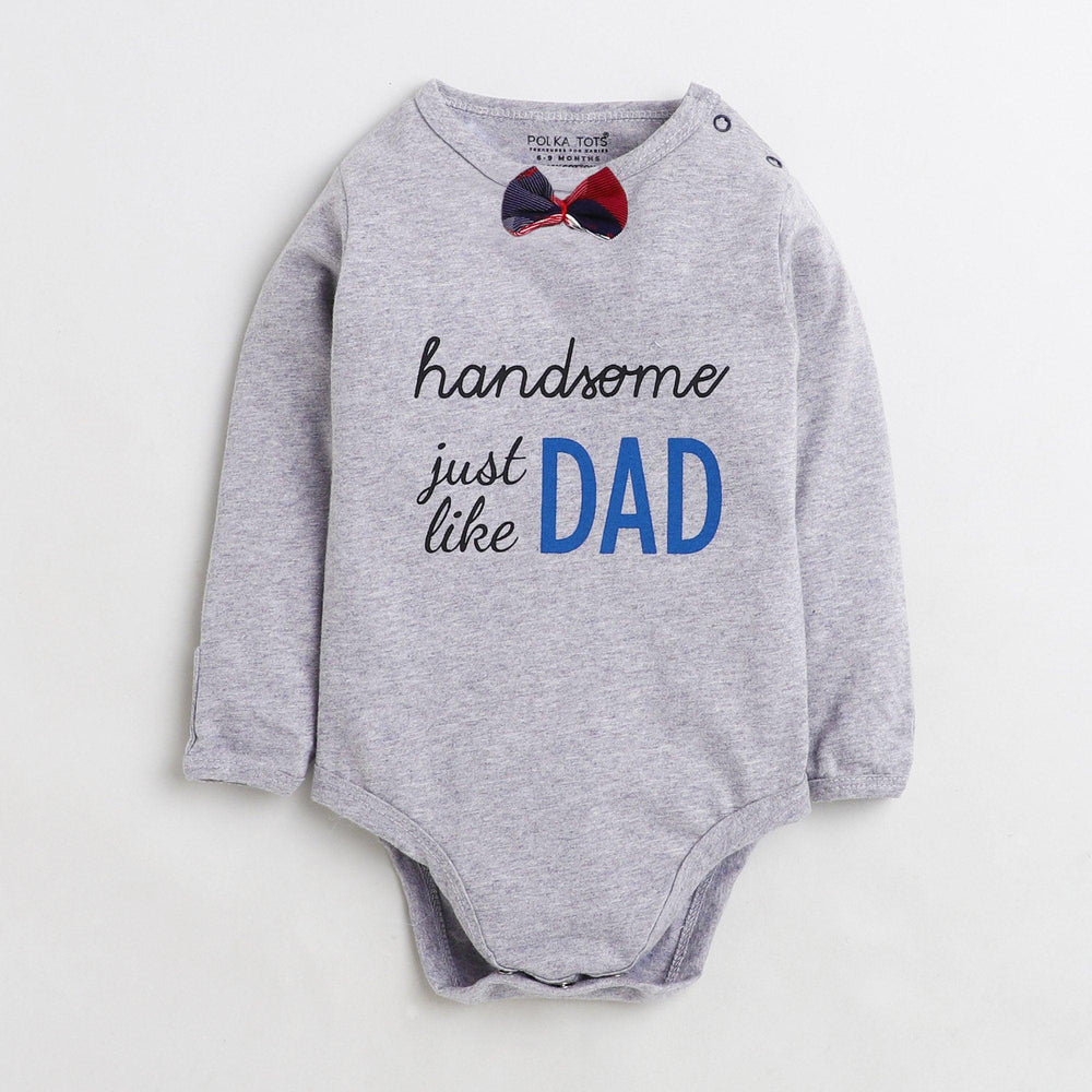 Polka Tots Full Sleeve Cotton Mittens Romper Just like DAD With Red Cheks bow tie - Grey
