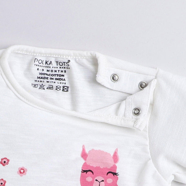 Polka Tots Full Sleeve Romper Onesie with Folded Mittens 100% Super Soft Cotton Llama White