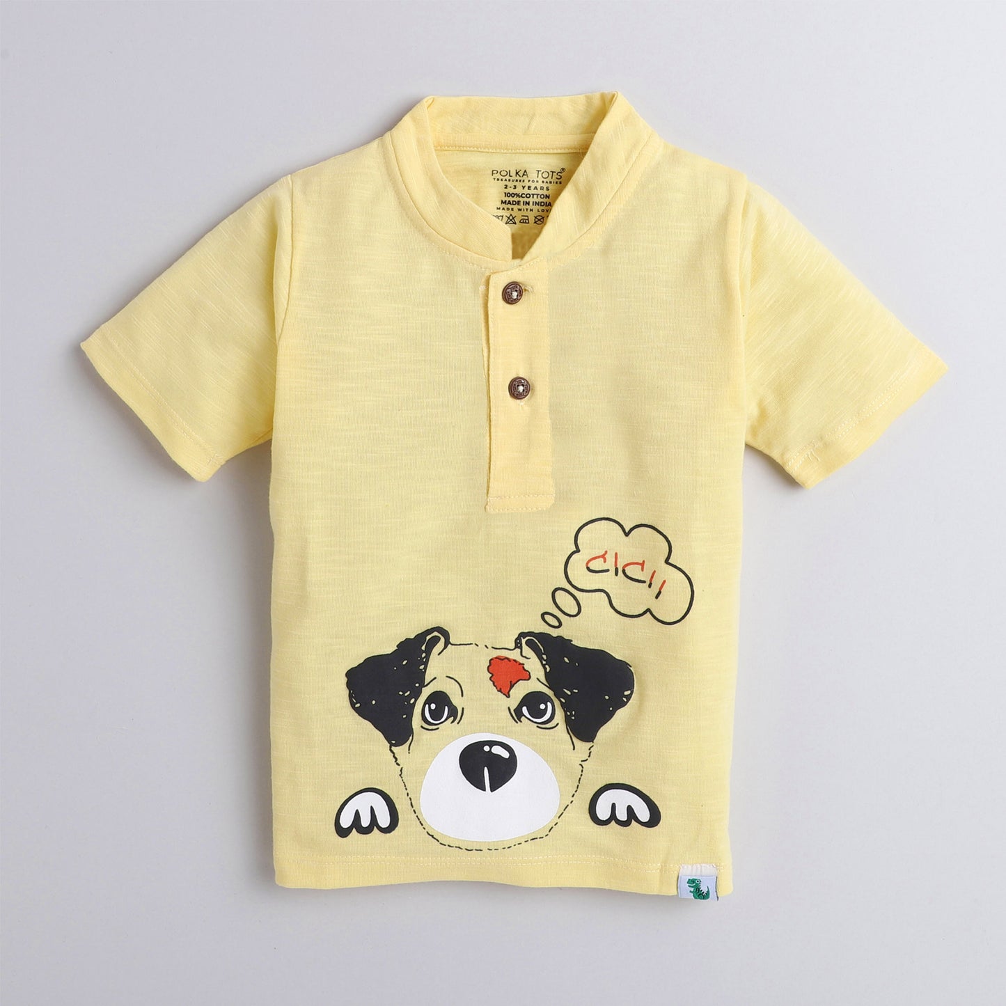 Polka Tots Half Sleeve Mandarian Collar 100% Cotton Dog Yellow