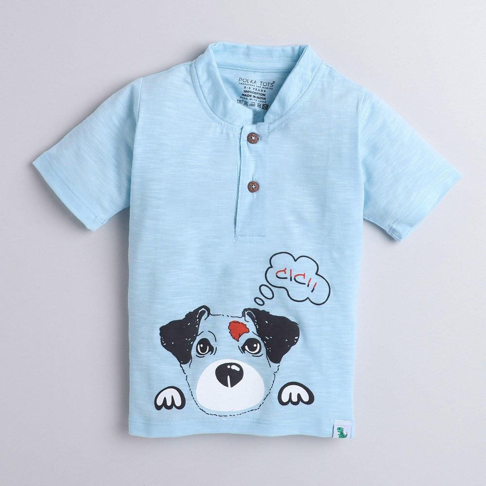 Polka Tots Half Sleeve Mandarian Collar 100% Cotton Dog Blue