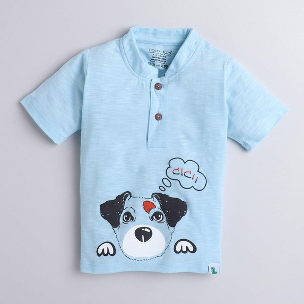 Polka Tots Half Sleeve Mandarian Collar 100% Cotton Dog Blue