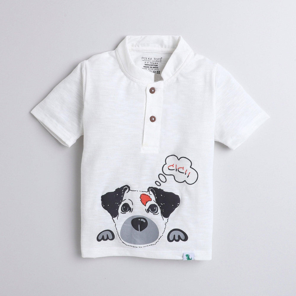 Polka Tots Half Sleeve Mandarian Collar 100% Cotton Dog White