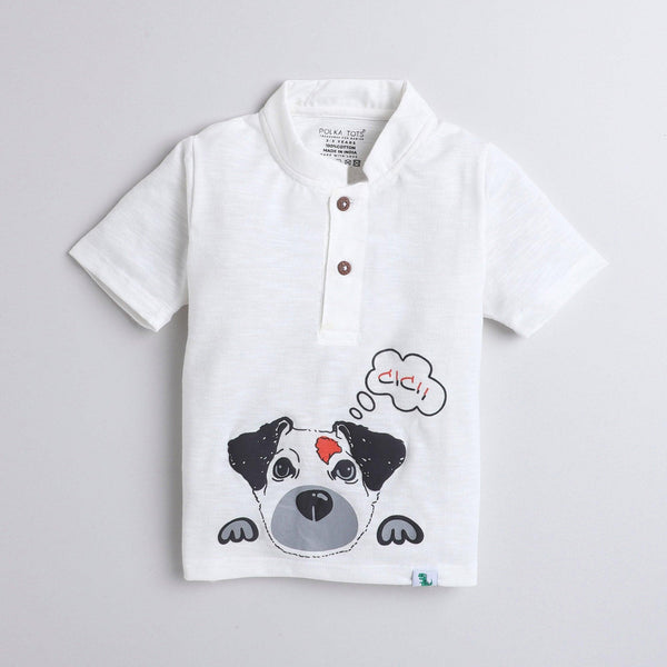 Polka Tots Half Sleeve Mandarian Collar 100% Cotton Dog White