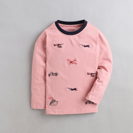 Polka Tots Full Sleeves Helicopter Embroidery Detailing Tee - Light Pink