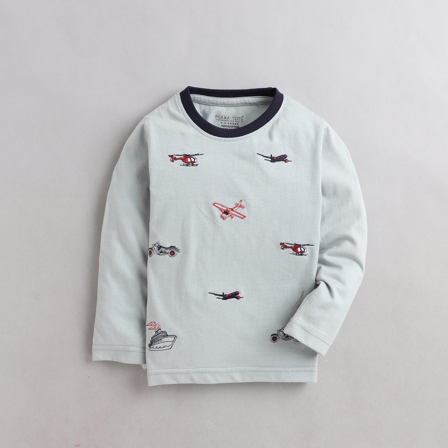 Polka Tots Full Sleeves Helicopter Embroidery Detailing Tee - Light Grey