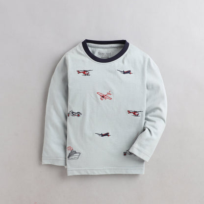 Polka Tots Full Sleeves Helicopter Embroidery Detailing Tee - Light Grey