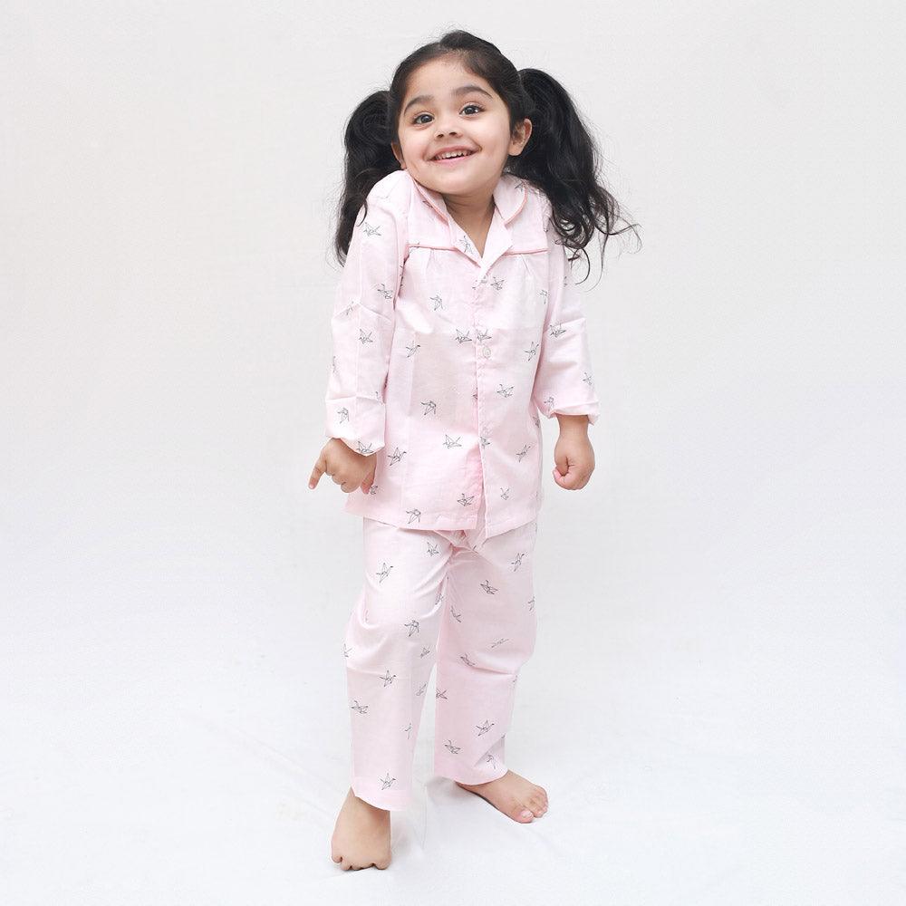 Polka tots Full Sleeve Night Suit Pair Pink (Origami Bird)