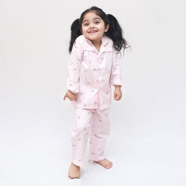 Polka tots Full Sleeve Night Suit Pair Pink (Origami Bird)