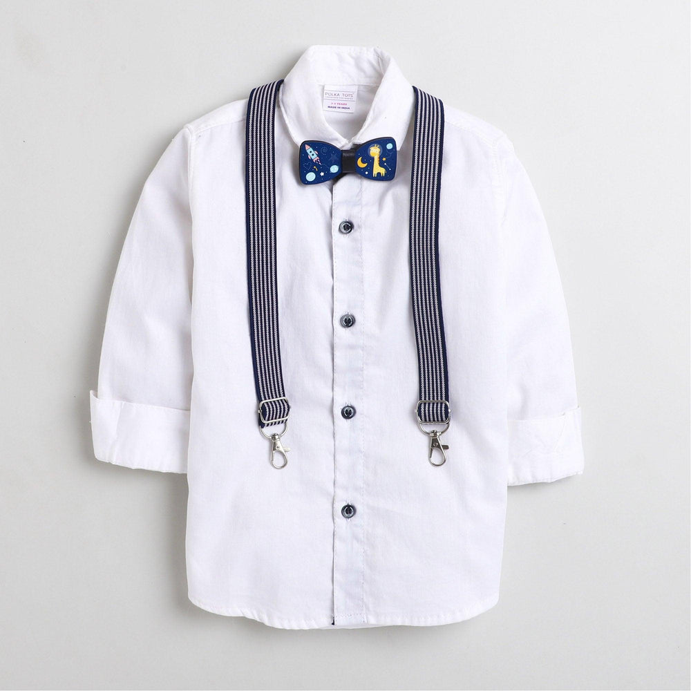 Polka Tots Party wear Shirt with Suspender and Wooden Bow Tie - White