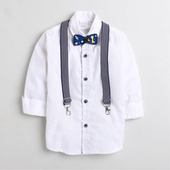 Polka Tots Party wear Shirt with Suspender and Wooden Bow Tie - White